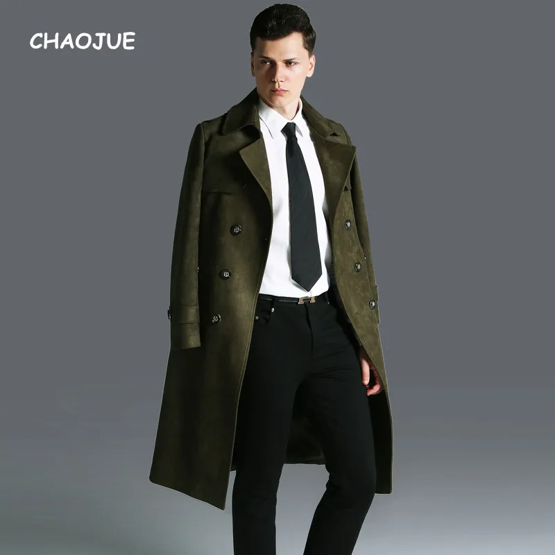 

CHAOJUE Fall/Winter Long Suede Trench for man England Slim Fit Plus size 6XL Coat Fashion Army Green Overcoat Free Shipping