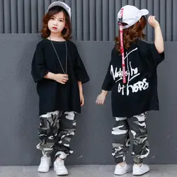 Детская одежда в стиле хип-хоп для танцев, камуфляжная футболка для девочек, штаны, уличная одежда, костюм для бальных танцев, выступления