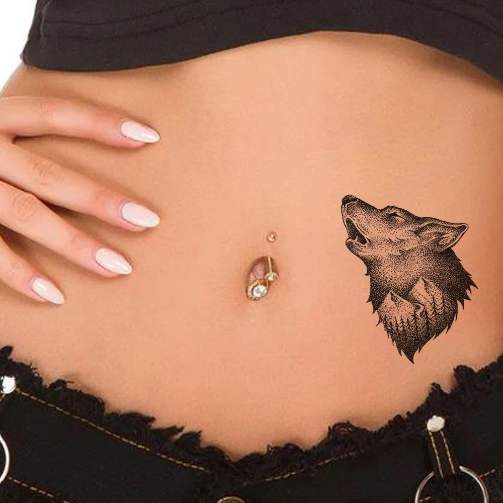 

VANKIRS Black Tattoo Stickers Roar Wolf Men Small Temporary Tattoos Mountain Pine Tree Body Arm Water Transfer Tatoos Waist DIY