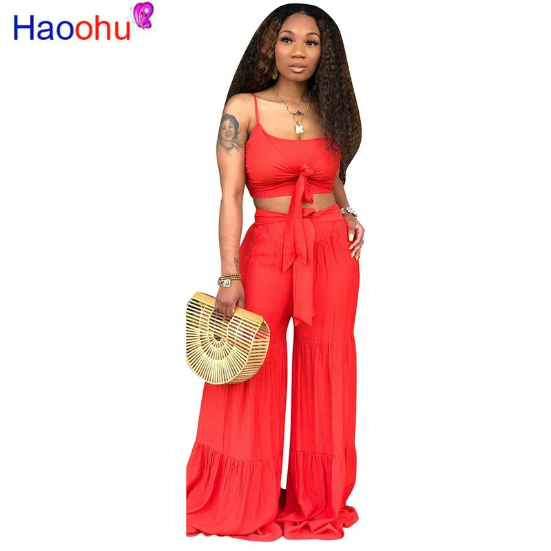 HAOOHU Sexy 2 Piece Set Women Crop Top and Wide Leg Pant Summer Festival Clothing Club Outfits Plus Size Two Pcs Matching Sets | Женская