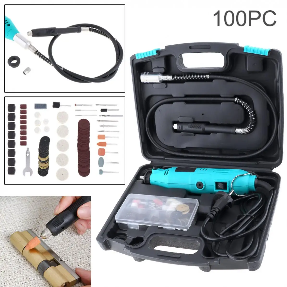 

New 100pcs/set 110 / 220V Electric Grinding Machine Combination Tool with Plastic Box and Long Straight Handle