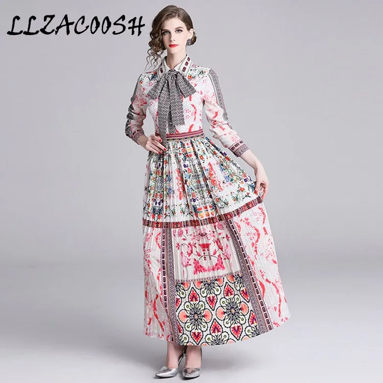 

Fashion Designer Runway Dress Spring Women Long sleeve Turn down collar Floral Print Casual Bowknot Holiday Maxi Dress