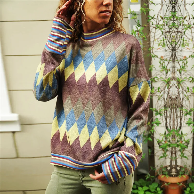 

2019 Winter knitted Pullover Cotton Sweaters Autumn Women Cotton Tops Turtleneck Vintage Femme Shirts Print Casual Long Sleeve