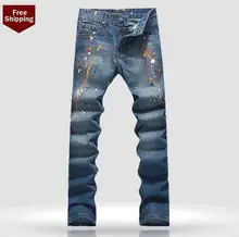 Autumn slim Color ink mens jeans 1 denim Feet trousers man straight personalized luxury brand fashion