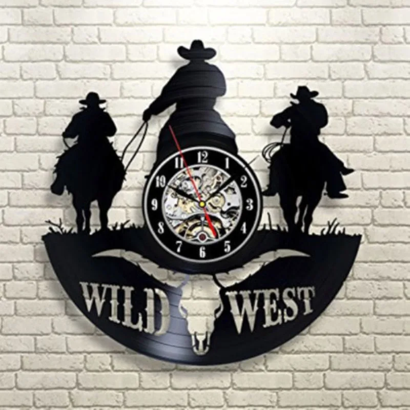 Tanie 3D Wild West płyta winylowa zegar ścienny Texas Cowboys CD zegar ścienny spersonalizowany Home Decor antyczny LED ścienny wiszący zegar