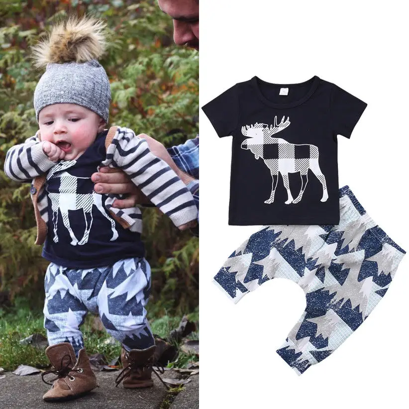 2018 Newly 0-24M Summer Lovely Causal Clothes Sets 2PCS Short Sleeve Deer Print Black T-Shirts Tops+Long Pants | Детская одежда и