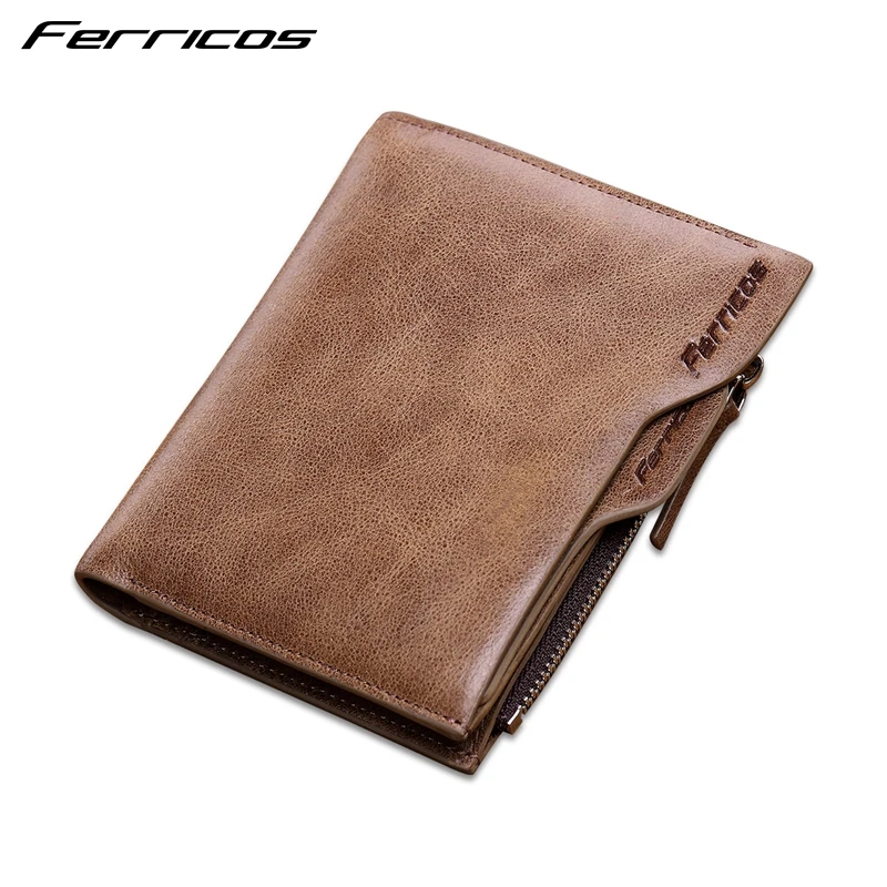 

FERRICOS vintage genuine leather men wallets brand male credit card holder purse with zipper coin pocket
