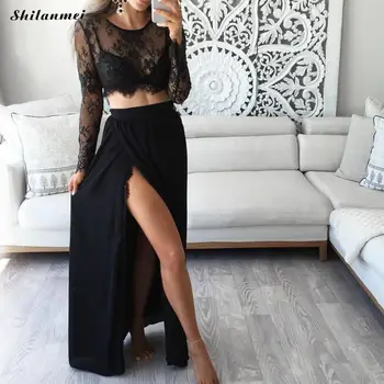 

Summer Beach 2 Piece Set Women Sexy Crop Top Long Sleeve Lace Lace Blouse Split Long Skirt Causal 2018 Summer Elegant Women Sets