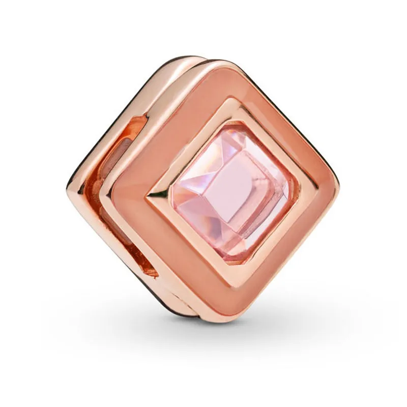 

2019 New 925 Sterling Silver Bead Rose Reflexions Sparkling Pink Square Clip Charm Fit Original Pandora Reflexion DIY Bracelet