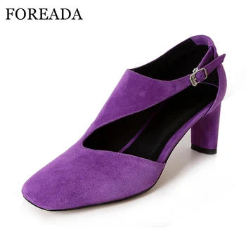 

FOREADA High Heels Genuine leather Shoes Women Thick High Heels Pumps Cut Out Ladies Shoes Spring Square Toe Buckle Shoes Purple