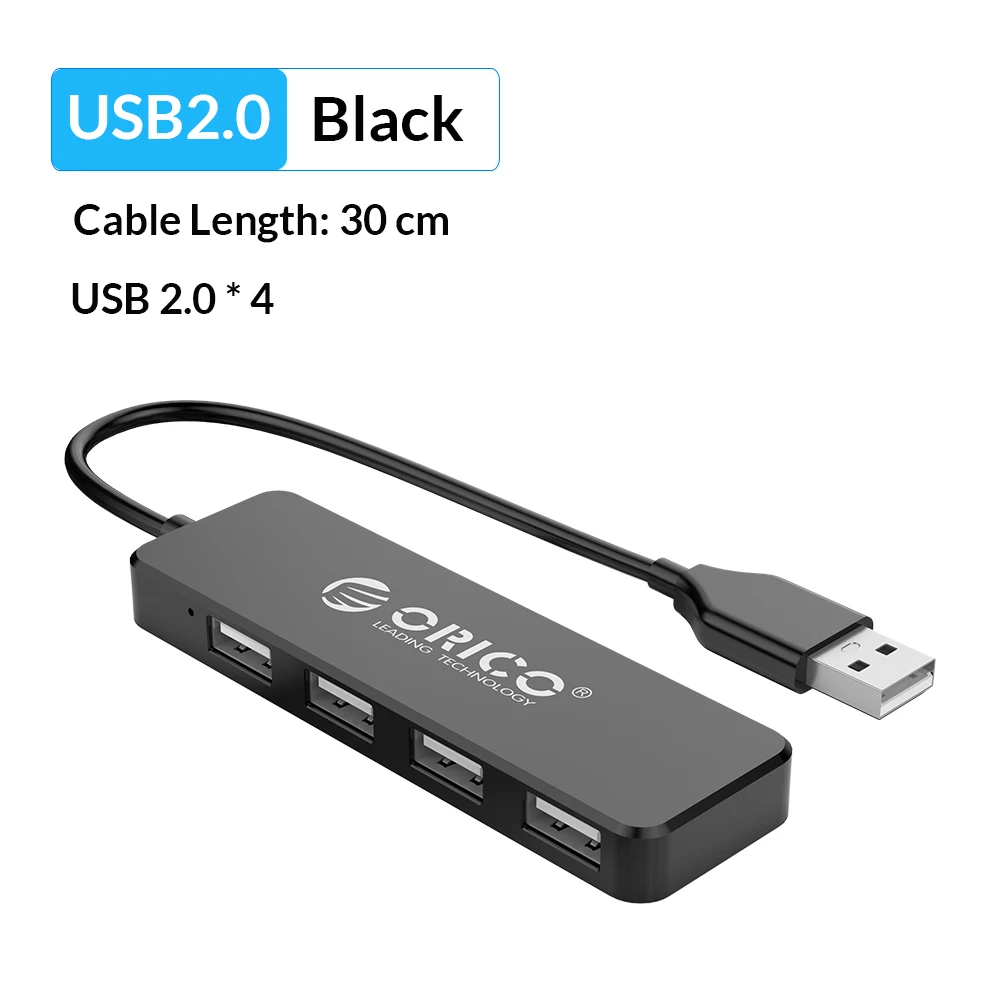 ORICO высокоскоростной 4 порта USB 3,0 концентратор с портом питания USB2.0 сплиттер OTG адаптер для iMac ноутбука Аксессуары для настольных ПК - Цвет: USB 2.0 30CM Black