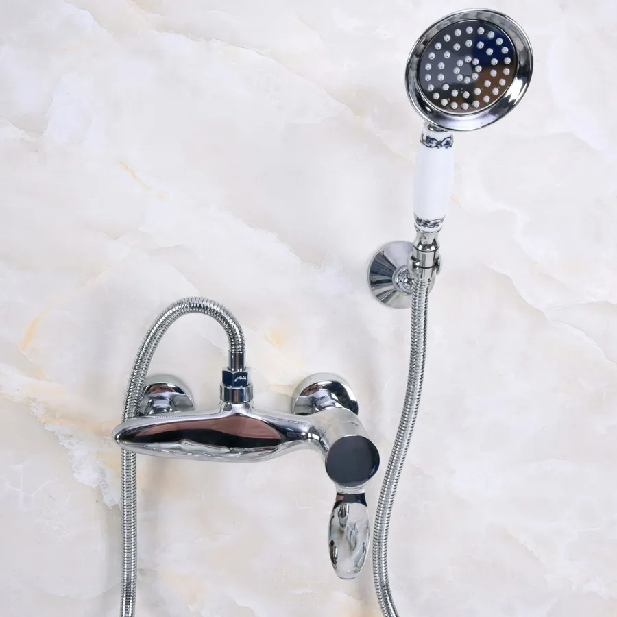 

Modern Wall Mount Polished Chrome Brass Bathroom Clawfoot Hand Shower Faucet Mixer Tap Set Telephone Shape Hand Spray ana272