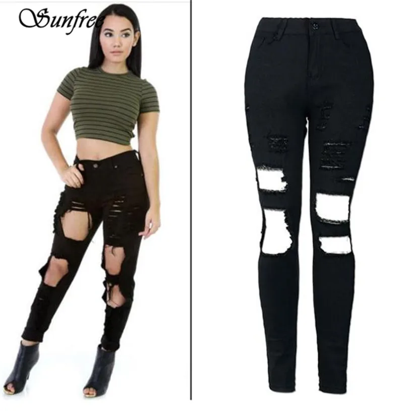 

Sunfree 2016 Hot Sale Women Cool Ripped Cut Skinny Long Jeans Pants Slim Pencil Trousers Brand New High Quality Dec 7