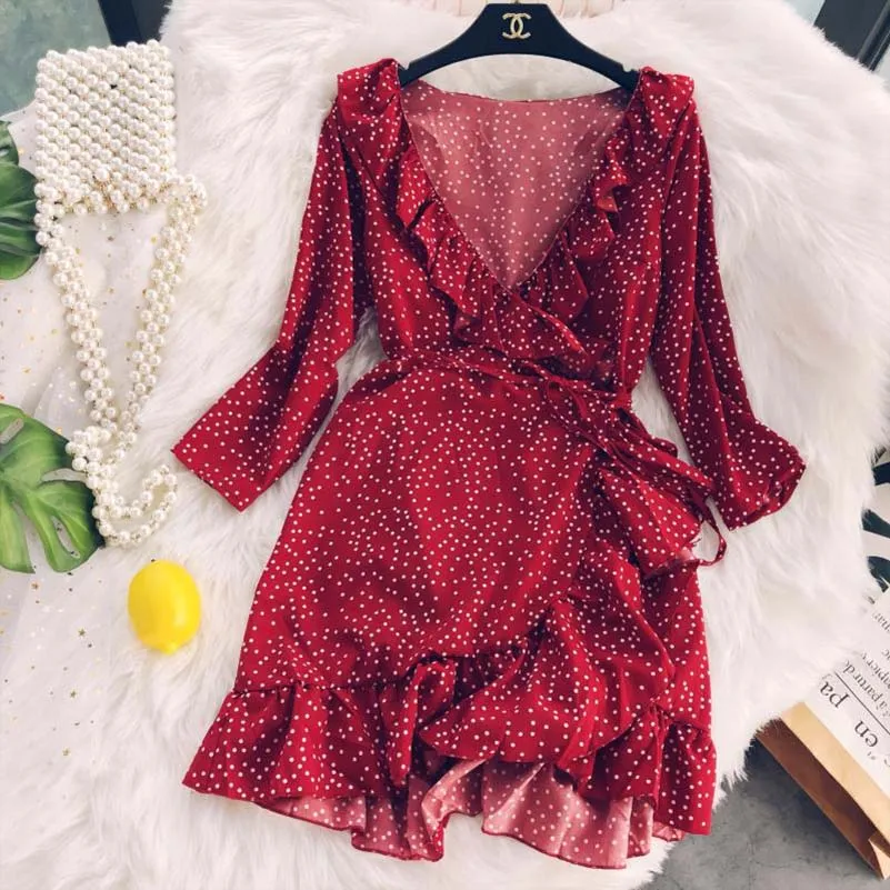 

NiceMix Vintage Elegant High Waist Tie Bow Belt Sashes Korean Women Dot V-Neck Ruffles Chiffon Dress Party Boho Beach Vacation