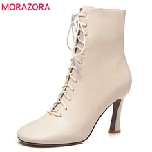 MORAZORA/ г., новая модная обувь женские ботильоны для женщин с квадратным носком осенне-зимняя обувь на молнии и шнуровке ботинки на высоком каблуке