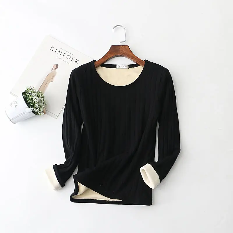 Harajuku бархатная рубашка женская теплая футболка с длинным рукавом Повседневная осенне-зимняя футболка Femme зауженная рубашка размера плюс женские топы Q897 - Цвет: Black