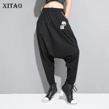 

XITAO Black Print Pattern Pants Women Loose Elastic Waist Wild Joker Pocket Fashion Cold Wind Harem Pants 2019 Autumn ZLL4301