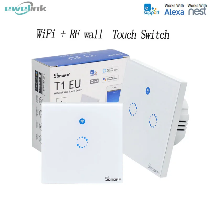 

T1 EU Smart Wifi Wall Touch Light Switch 1 Gang 2 Gang Touch/WiFi/433 RF/APP Remote Smart Home Controller Work with Alexa