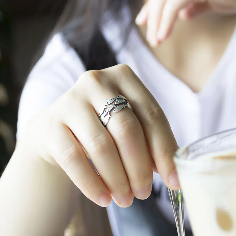 Real 925 Sterling Silver Fish Rings for Women Adjustable Wedding Ring Fashion sterling-silver-jewelry Girls Gift