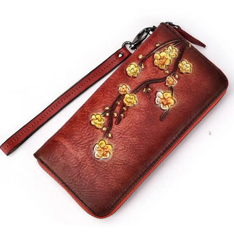 Винтажный женский кошелек, клатч, Удобные сумки, держатель для карт, слива, цветочный узор, кошелек, монета, карман, натуральная кожа, Женская длинная сумка - Цвет: Red