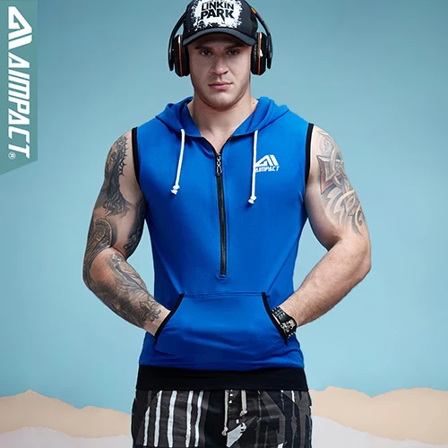 Aimpact, мужская хлопковая толстовка без рукавов, для бодибилдинга, кроссфита, для тренировок, майки, рубашки для фитнеса, мужские куртки, топ AM1012 - Цвет: Blue