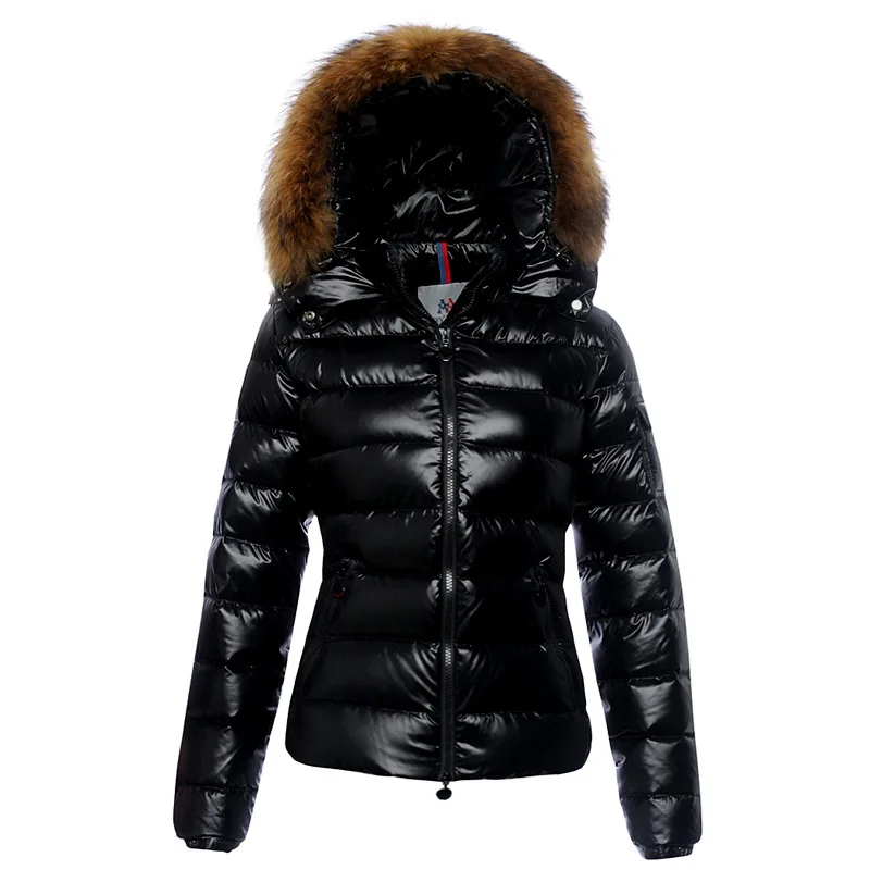 Женские зимние куртки, блестящий пуховик, женский зимний пуховик, натуральный мех, женская тонкая куртка, дамские пуховые пальто, s m l xl XXL - Цвет: Черный