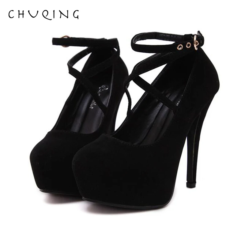 

CHUQING 2019 New Korean Version of the Round Head Cross Buckle Super High Heel