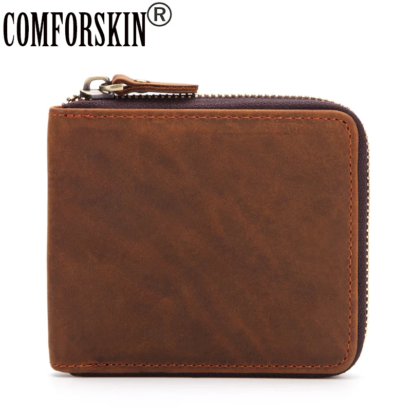 

COMFORSKIN Brand Premium 100% Crazy Horse Genuine Leather Retro Zipper Men Purses 2018 New Arrivals Fashion Casual Men Wallets