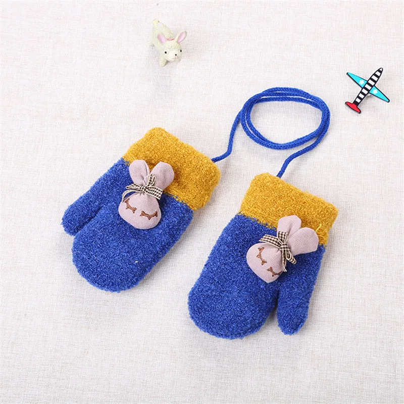 1 Pair Cute Cartoon Little Rabbit Thicken Warm Cotton Infant Baby Boys Girls Winter Warm Solid With Sling Full Finger Mittens Kids (2)