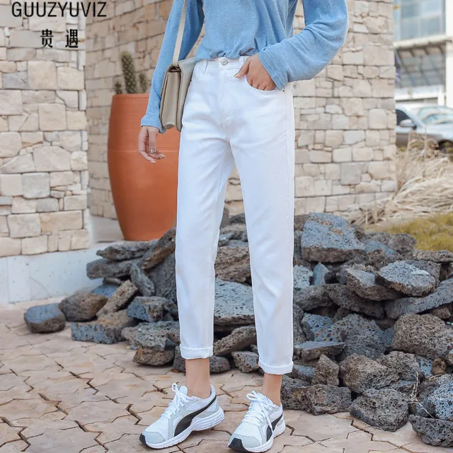 US $14.83 GUUZYUVIZ Jean Femme Taille Haute Casual Loose White Jeans Women 2019 Spring Basic Boyfriend Vintag