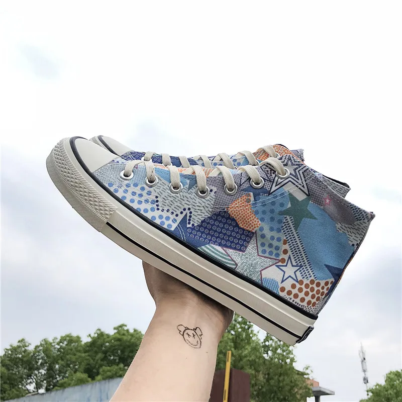 

New Men Canvas Shoes 2019 Summer Breathable Casual Male Shoes Star Paint High top Men Vulcanized Shoes Low Sneakers lona Hombre