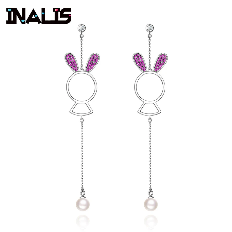 

INALIS Long Chain Big Drop Earrings 925 Sterling Silver Rabbit Red CZ Crystal with Single White Pearl Dangle Brincos for Women