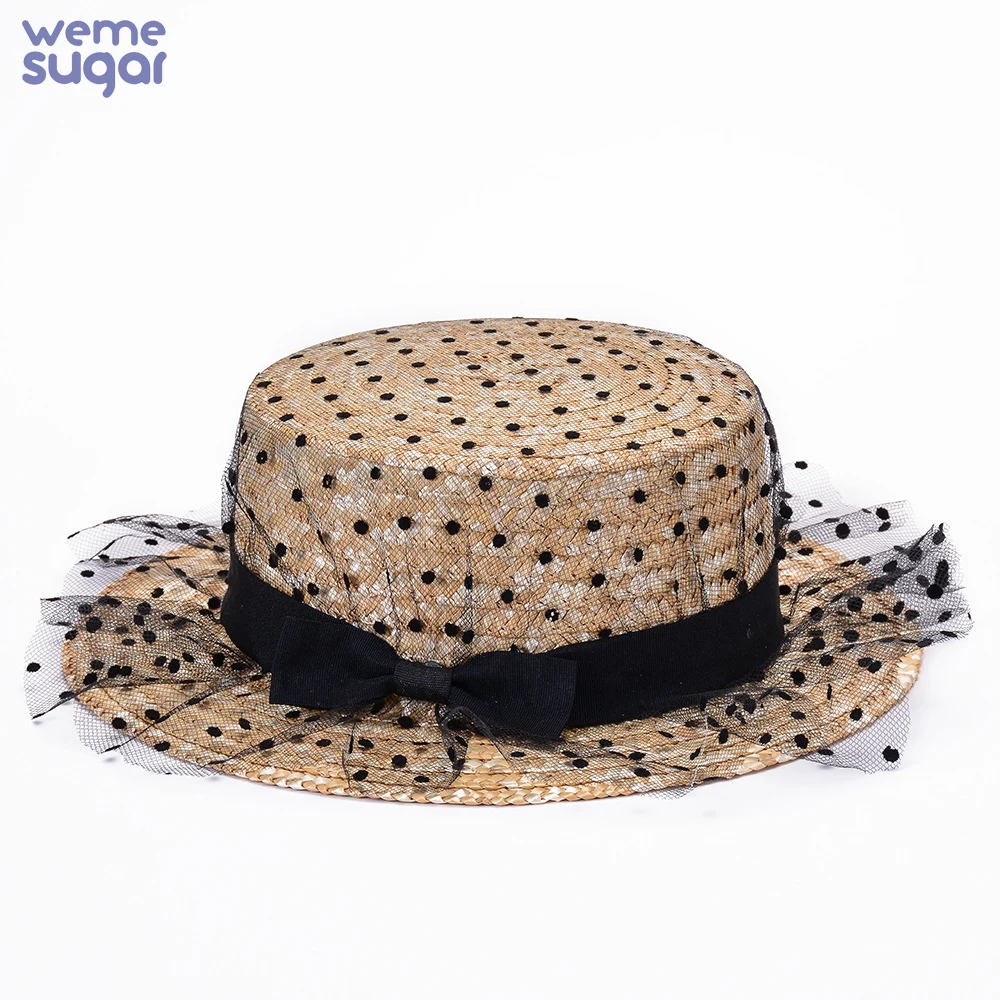 

WeMe Straw Hat with Flat Top Summer Outing Beach Straw Hat With Lace and Bowknot