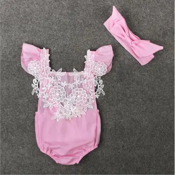 

wholesale baby girls puff sleeve lace rompers little kids clothing set with headband bebe flowers street outfit