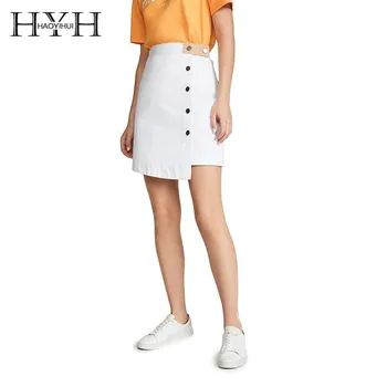 

HYH Haoyihui 2019 Summer Ladies Above Knee Length Button High Waist Skirt Solid Colour Female Patchwork School Skirt