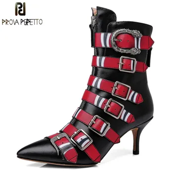 

Prova Perfetto Women Ankle Boots Genuine Leather Thin High Heel Pointed Toe Botas Mujer Female Short Buckle Rubber Knight Boots