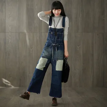 

2019 New Fashion Large Size Women Wide Leg Denim Pants Mid Adjustable Straps Lace Up Loose Overalls Casual Bib Jeans