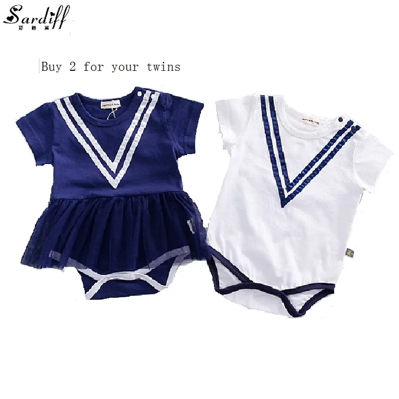 2017 Twins Baby Girls V Neck Rompers Navy Style Clothing Sets For Girl