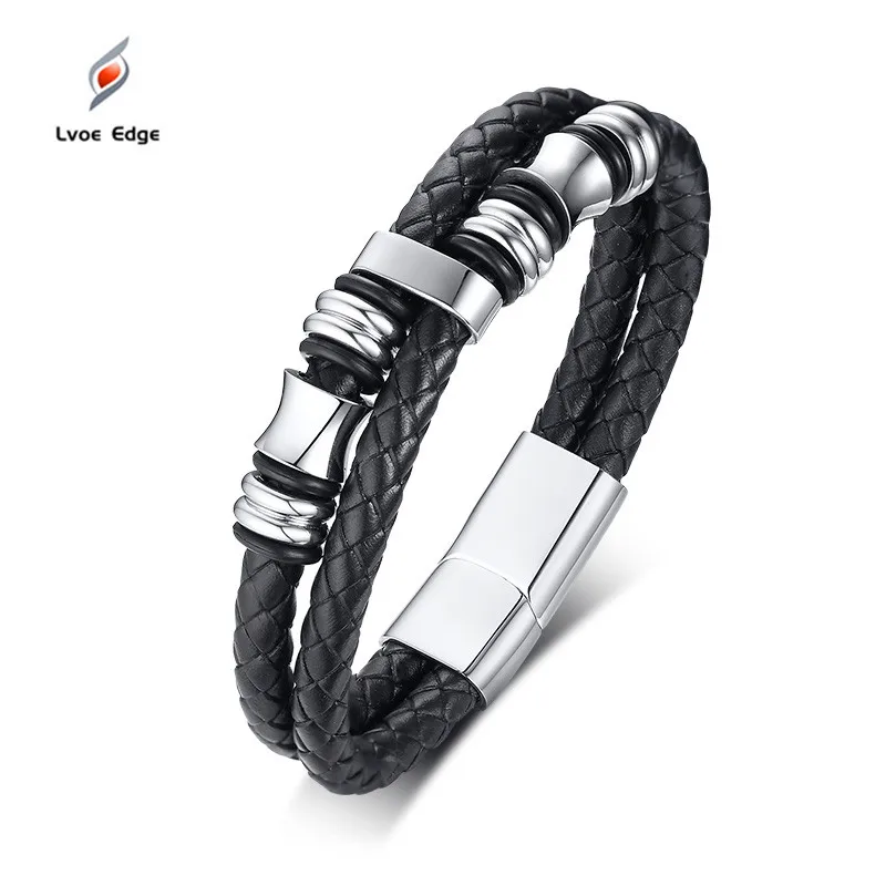 

2019 New Stylish Double Layers Real Leather Bracelets for Men with Magnet Clasp Stainless Steel Charms Bangle for Gentleman Gift