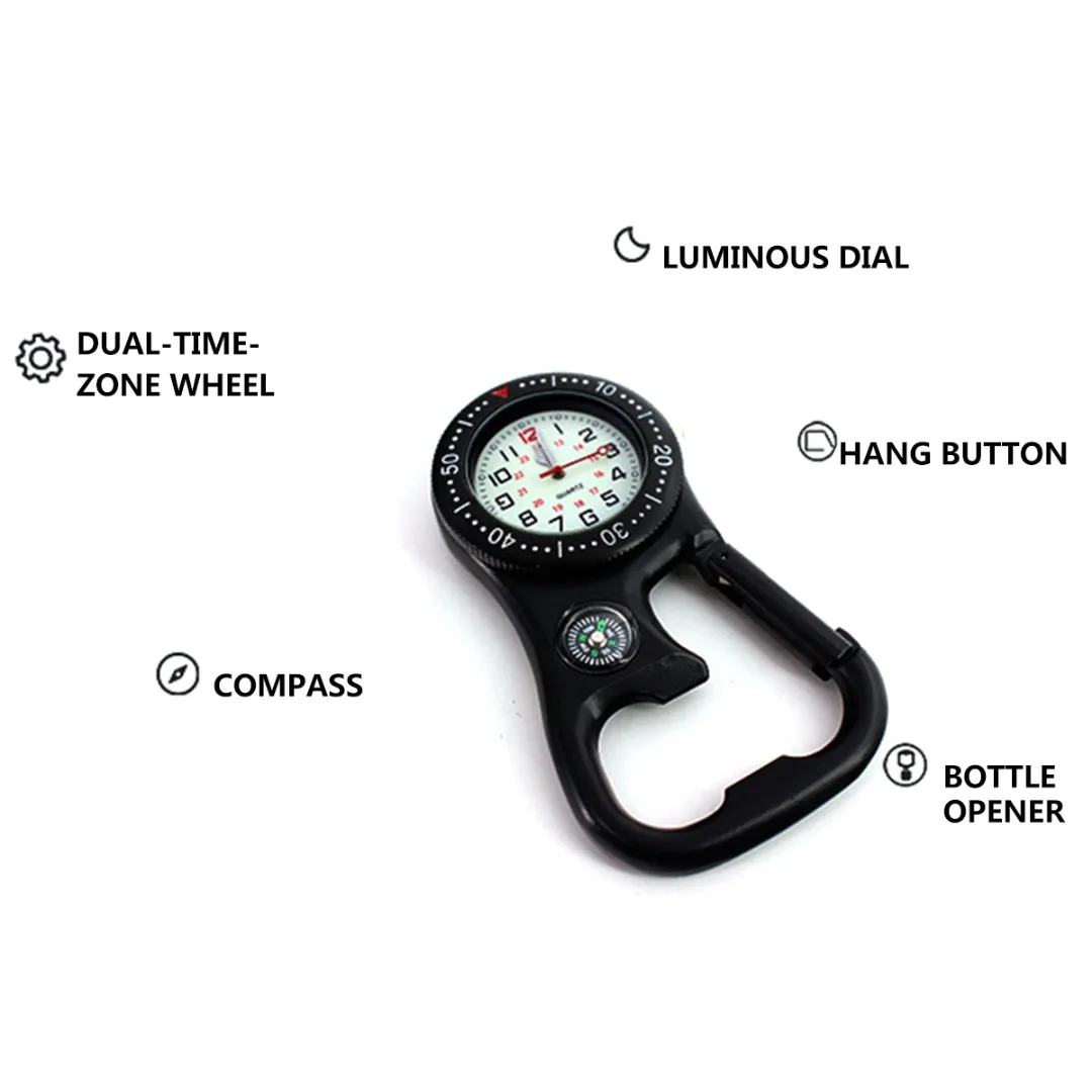 Shellhard 1pc Clip-On Carabiner Luminous Face Backpacker FOB Watch With Compass Bottle Opener Mountaineering Sports equipment