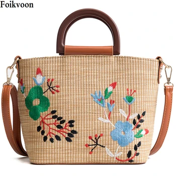 

Straw Handbags for Women Summer Beach Bags Flowers Vintage Casual Shoulder Women Bags High Capacity Tote Bags