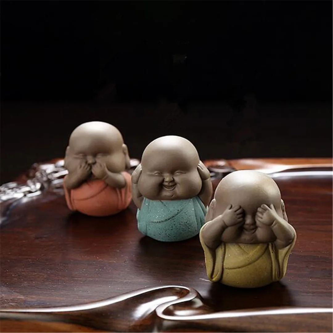 JX-LCLYL Speak Hear See NO Evil Ceramic Buddha Monk Statue Tea Pet Desk Shelf Home Decor