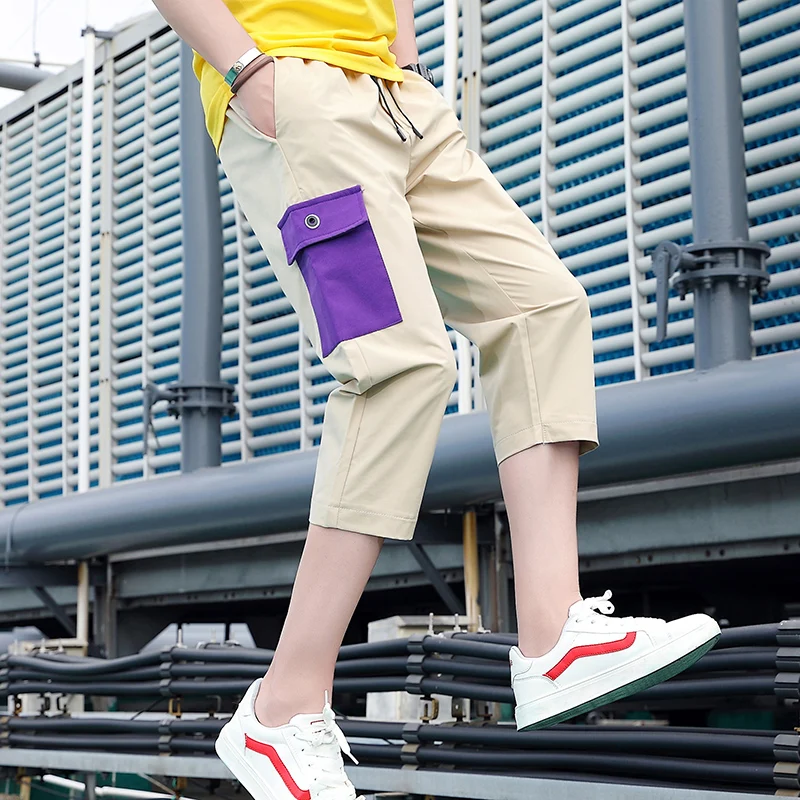 

Summer Calf-Length Pants Patchwork Multi-Pockets Men's Pants Elastic Waist Black Gray Khaki Calf-Length Pants
