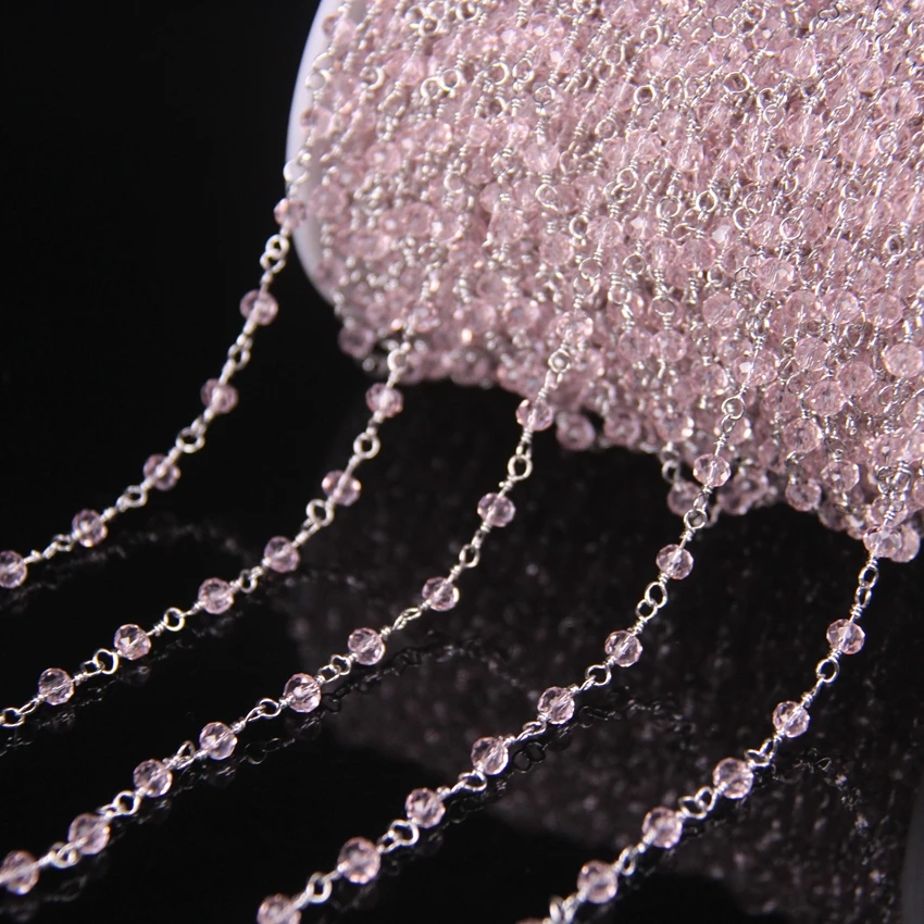 5 метров 3x4 мм розовый кварц Стекло ограненные кружки бусина четки цепи, Посеребренная проволока завернутый ожерелье в виде цепи, ювелирные