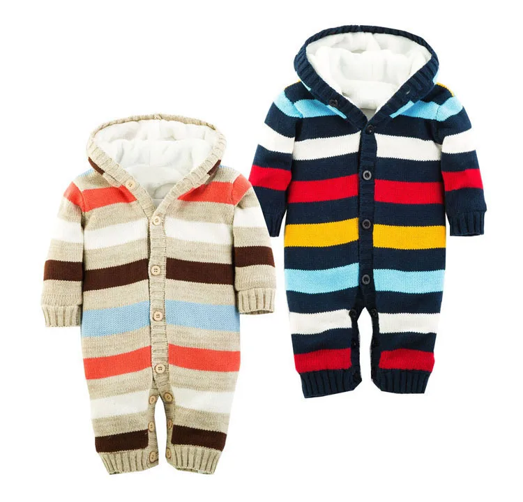 Зимний теплый толстый комбинезон для новорожденных мальчиков и девочек, вязаный свитер Комбинезоны радужного цвета Верхняя одежда с капюшоном, одежда для альпинизма