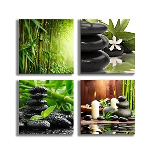 

4 Panels Bamboo Green Pictures With SPA Zen Stone Candles Flower Print On Canvas Wall Art For Home Decor Bathroom Living Room