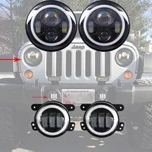 2 X 7″ Round LED Headlight Projector with 2 X 4″ 30W LED Fog Light Halo Angel Eye DRL For JK Wrangler 07-16