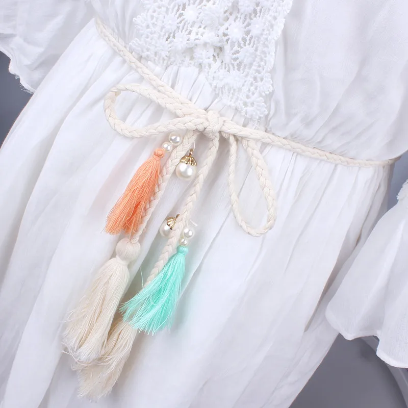 

fashion pearl woven braided women belt thin knitted tassel strap waist rope for dresses female knot decorated cotton string