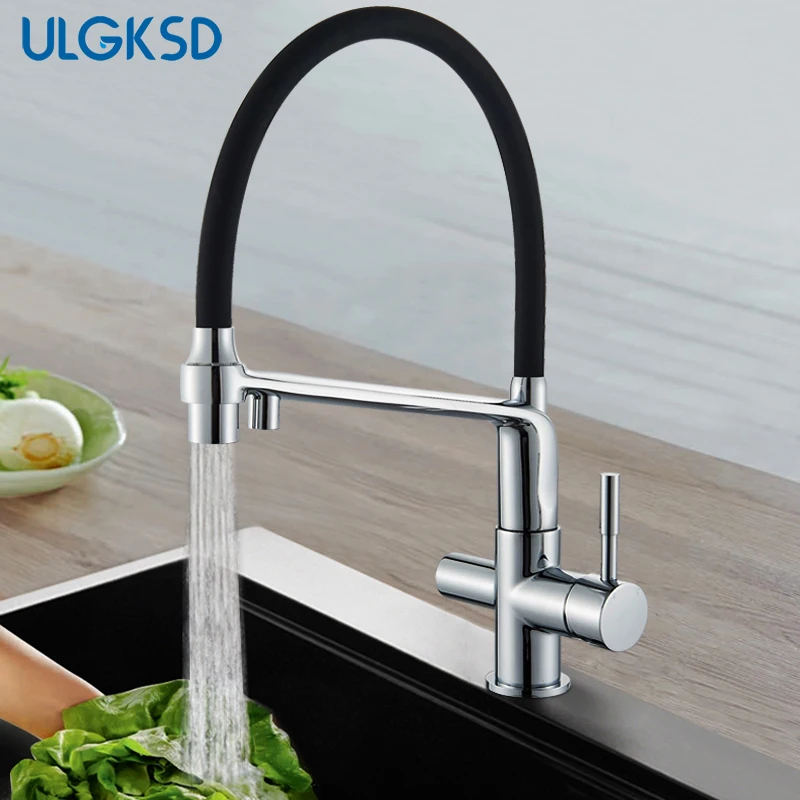 ULGKSD Purified Water Kitchen Faucet Mixer Tap Chrome Finish Pull Out 2-way Sprayer Dual Levers Filtered Hot and Cold Water