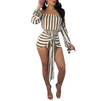 

2019 Women Stripe Slash Neck Loose Romper 2019 New Long Sleeve Bodycon Jumpsuits Belt Sexy Overalls